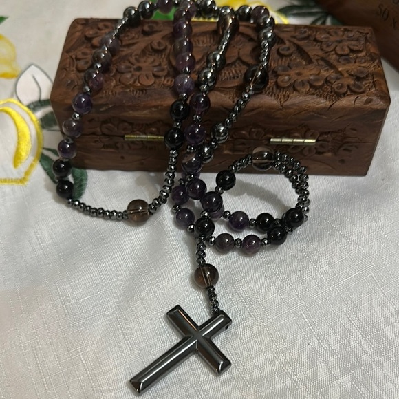 B.Rising Other - Purple and Black Beaded Rosary with Cross Pendant